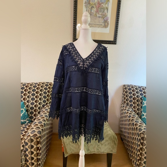 Tory Burch Navy Blue Crochet Lace Mini Dress, Cover Up, Long Sleeve, V-neck, Med - Picture 7 of 7